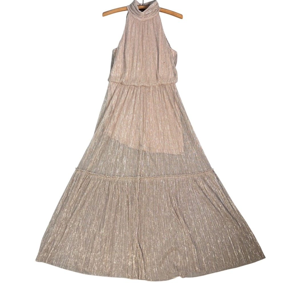 NWT Eliza J Halter Tiered Maxi Dress Size 6 Rose Gold‎ Illusion Overlay Shimmer